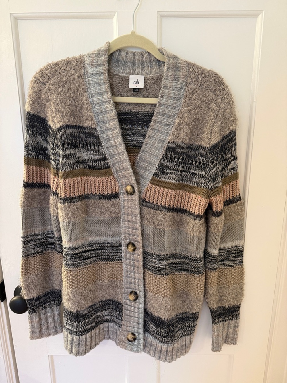 CAbi Neutral Multi-Stripe Button Cardigan in Beige, Gray, Black & Olive